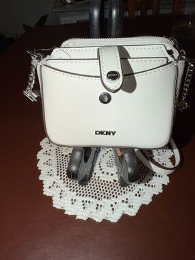 DKNY White Leather Crossbody with Silver Chain Trim